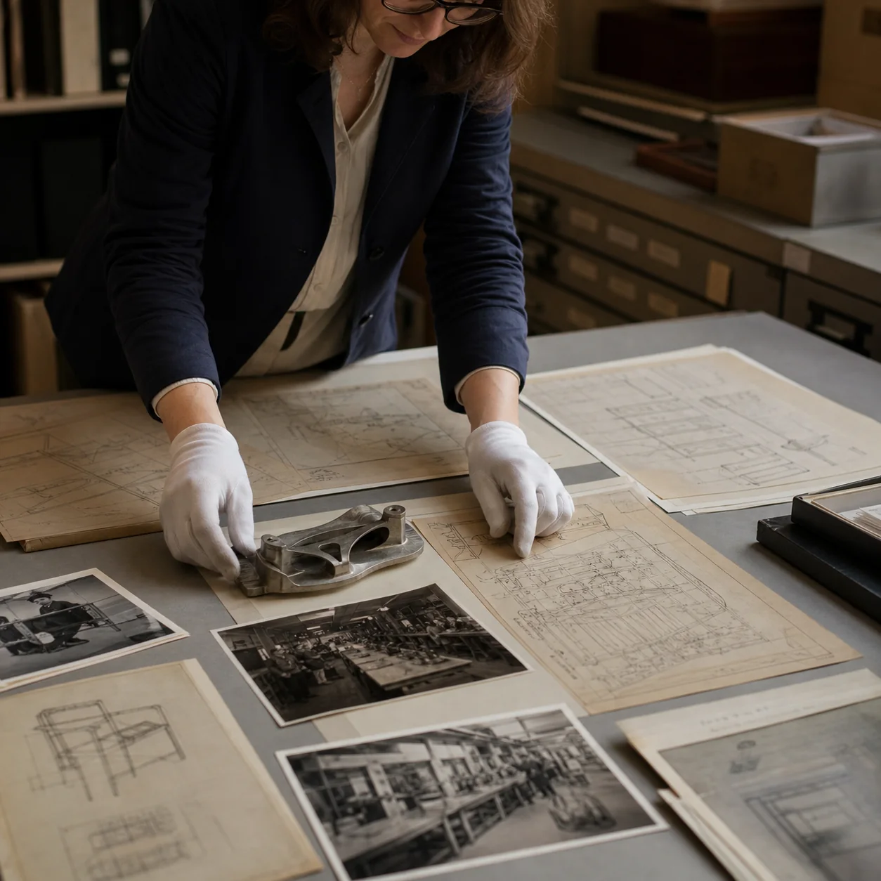 Eine Kuratorin untersucht Fotografien, technische Zeichnungen und ein historisches Bauteil im Archiv.