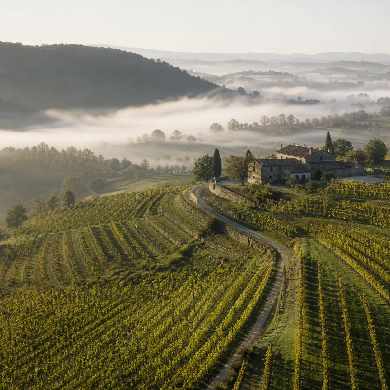 Terrassierte Weinberge und ein kleines Weingut am Hang im Morgennebel.