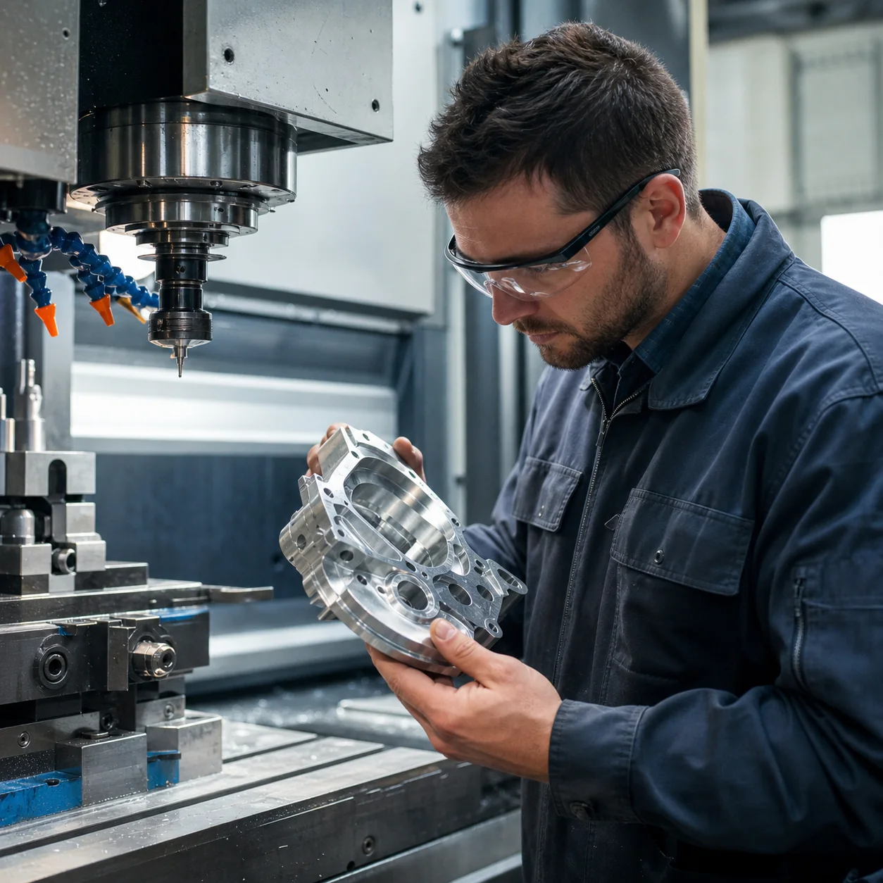 Ein Techniker prüft ein Präzisionsteil neben einer CNC-Fräsmaschine.