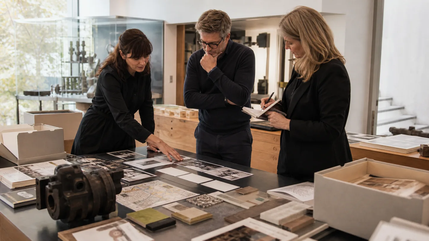 Curatori e progettisti studiano fotografie, archivi e oggetti per definire il racconto della visita.