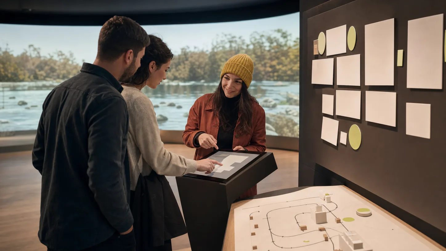 Narrative designer e visitatori provano il kiosk, il percorso e le interazioni della Story Room.