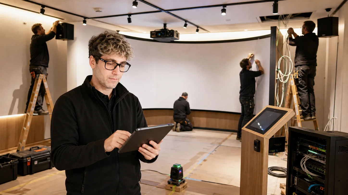 Tecnici installano schermo curvo, proiettori, kiosk, audio, luci e rete della Story Room.
