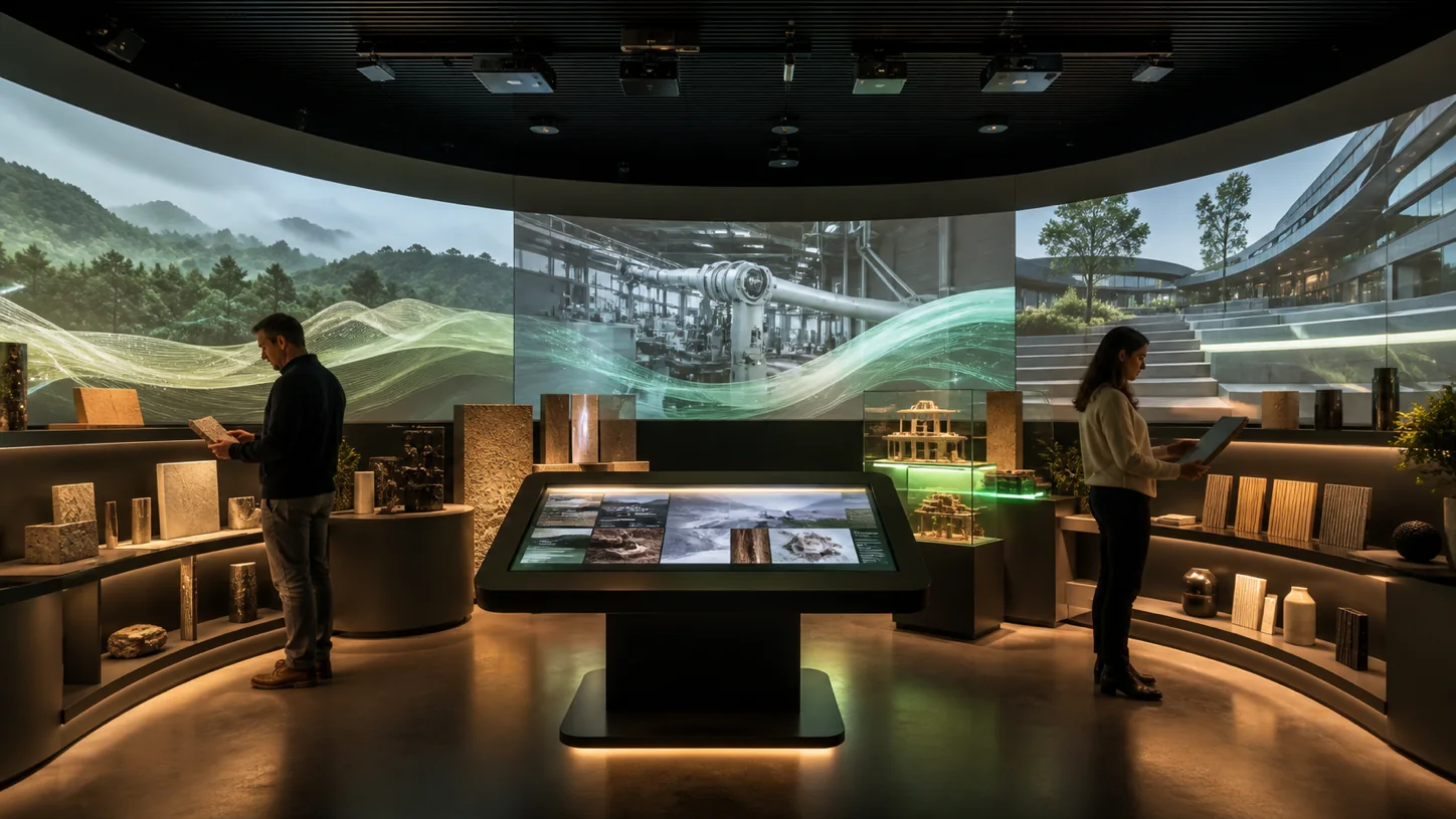 Story Room generica con schermo panoramico, scenografia, materiali, oggetti aziendali e kiosk interattivo
