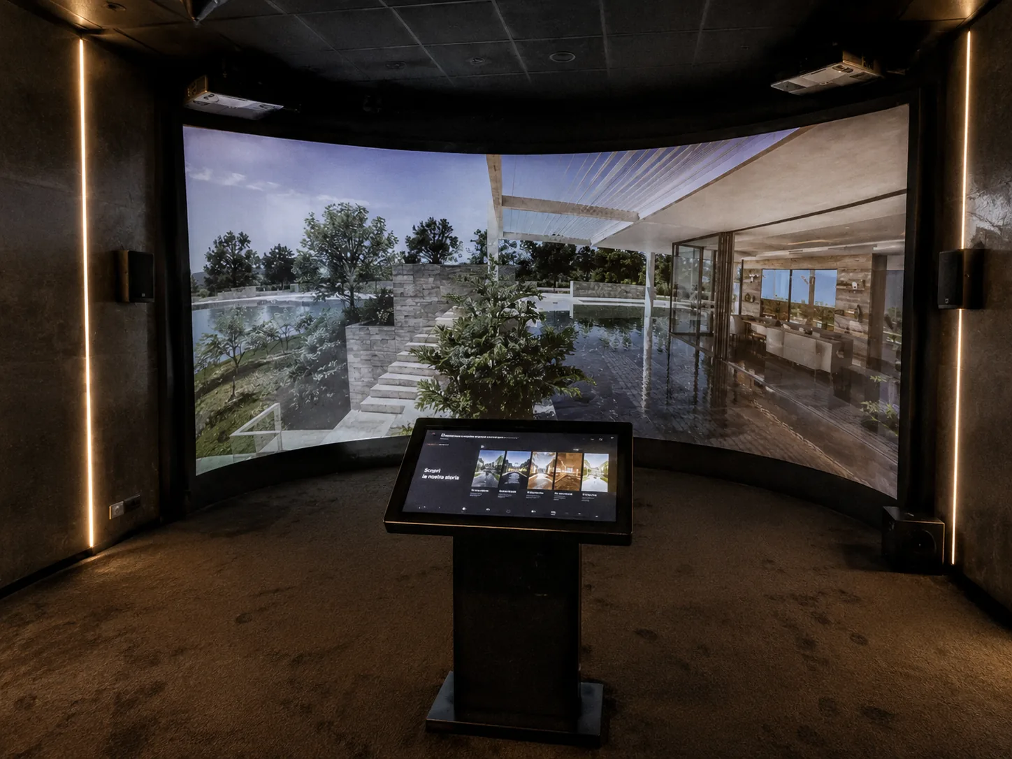 Story Room para showroom con imagen arquitectónica, proyección panorámica y quiosco táctil