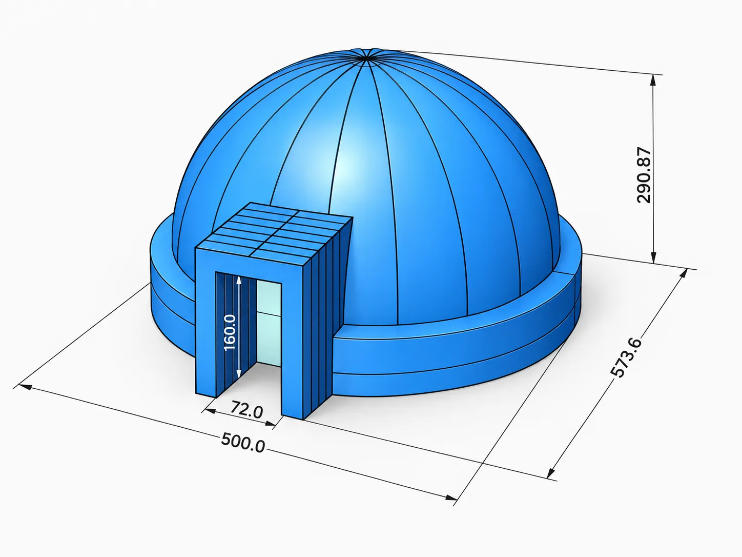 Manufacturer dimension drawing of the Tholus Air 5-metre dome and entrance
