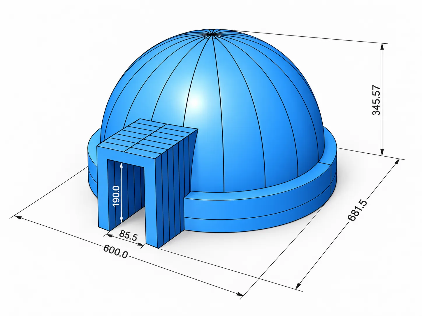 Manufacturer dimension drawing of the Tholus Air 6-metre dome and entrance