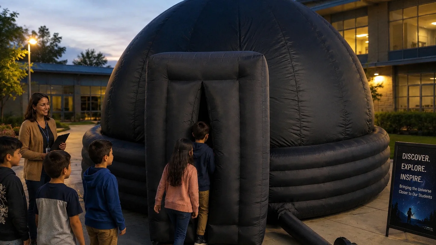Planetario mobile Tholus Air installato con un gruppo in attesa