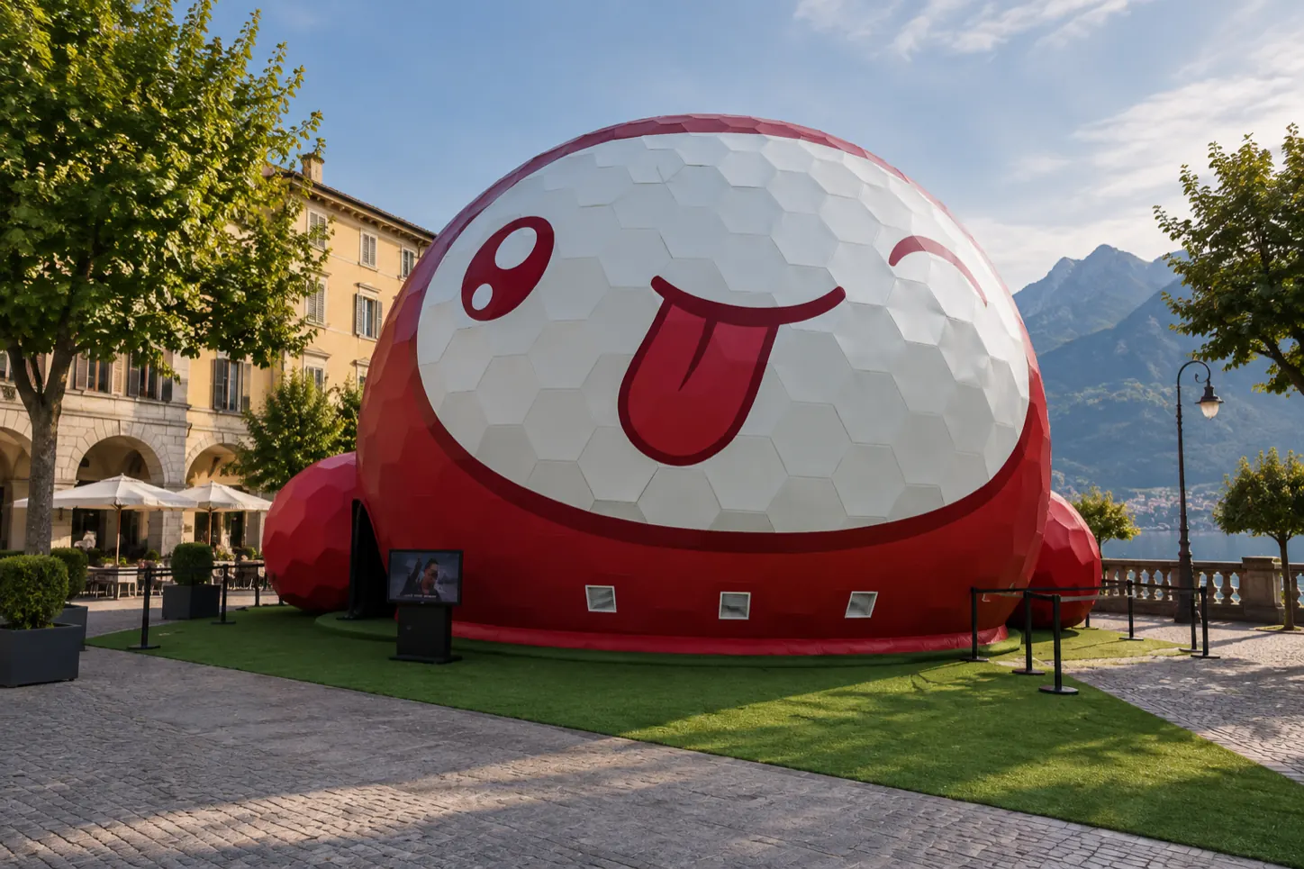 Concept of a red and white dome with a stylised face for a public event
