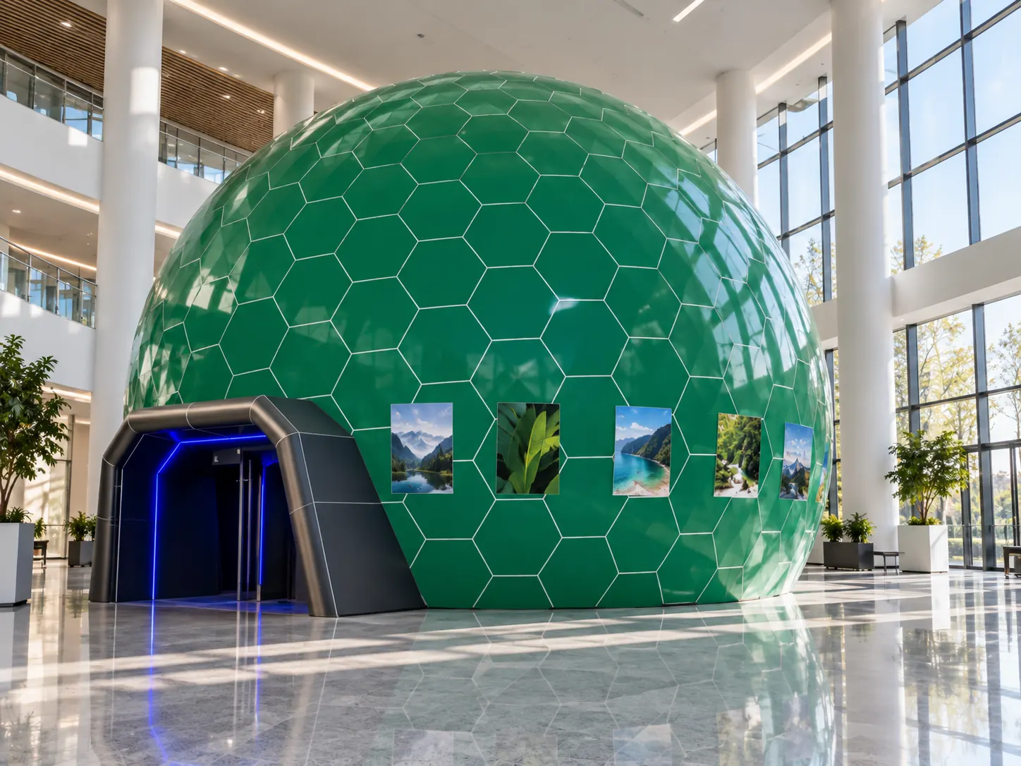Concept of a faceted green dome with an illuminated entrance in an atrium