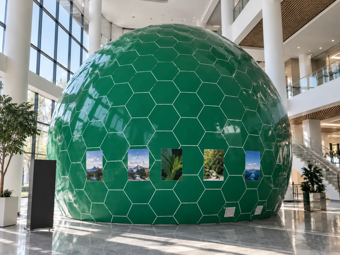Concept of a faceted green dome in an atrium, front view