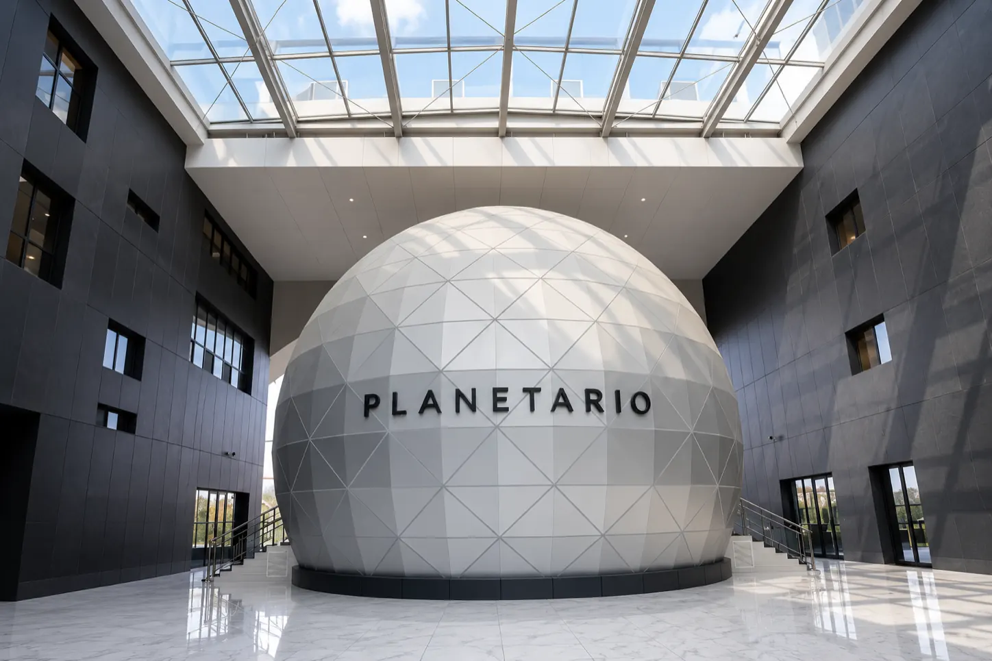 Concept of a white planetarium installed inside a building atrium