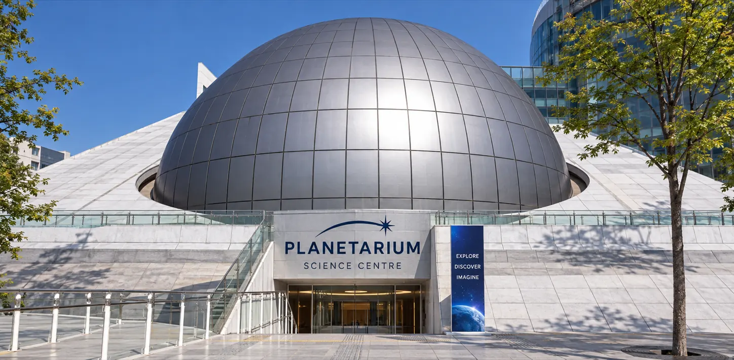 Concept of a dark planetarium dome integrated into a building roof
