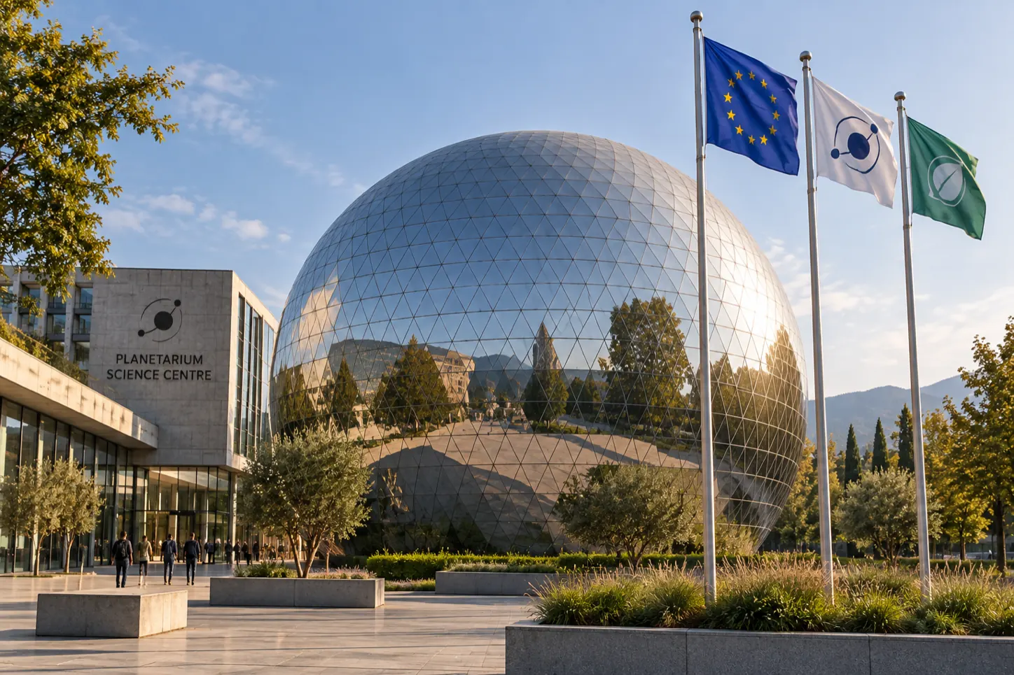 Concept of a mirrored dome beside a science centre