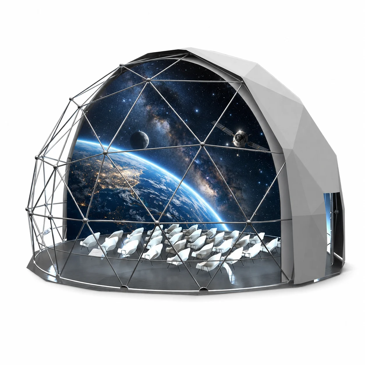 Sezione di Tholus Venue con superficie fulldome e sedute