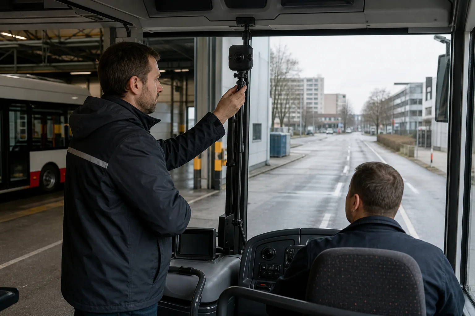 Un tecnico acquisisce una linea reale con una videocamera 360 installata a bordo di un autobus fermo nel deposito