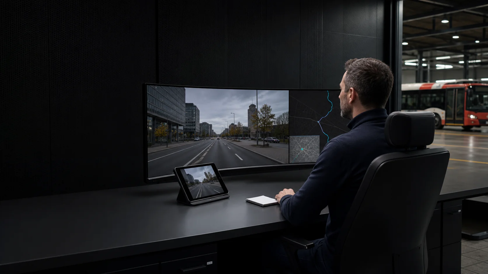 Ricostruzione: un autista studia una linea reale nella postazione immersiva TholusVia, con mappa e tablet sincronizzati