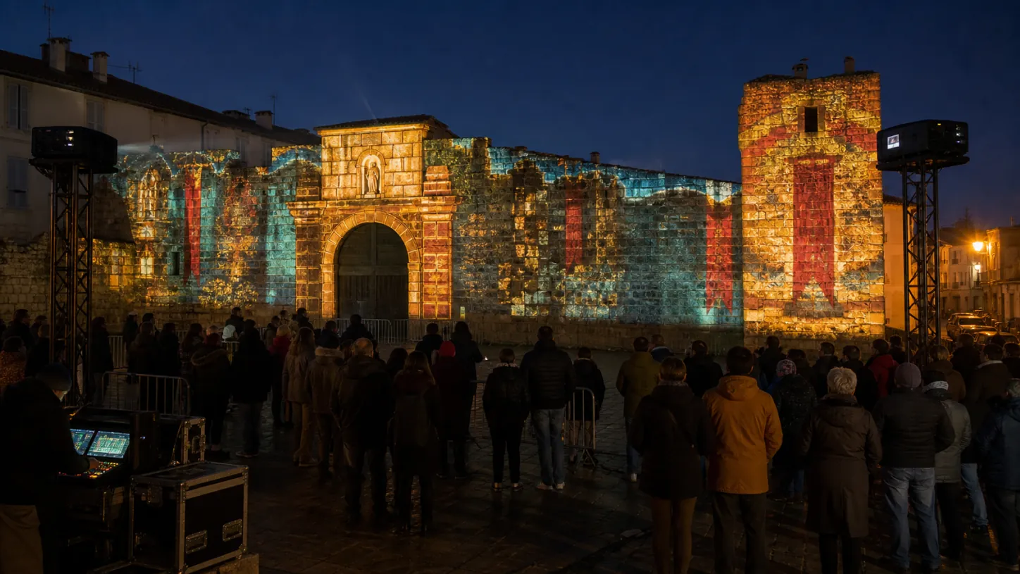 Videomapping narrativo proiettato sulle mura di un edificio storico davanti al pubblico