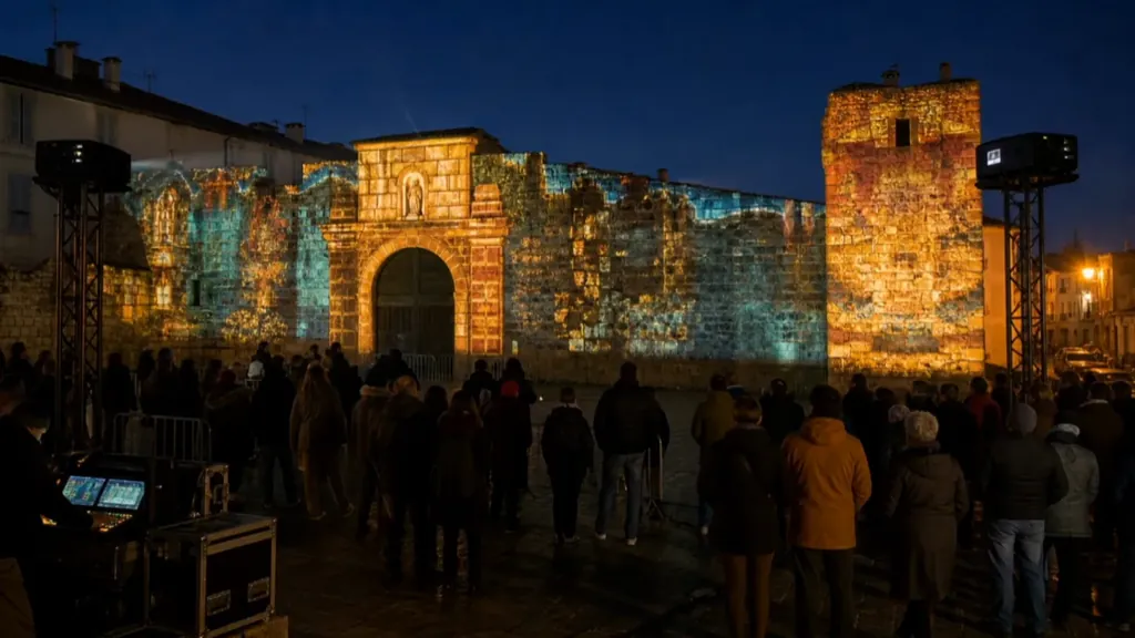 Proiezione videomapping su un edificio storico davanti al pubblico