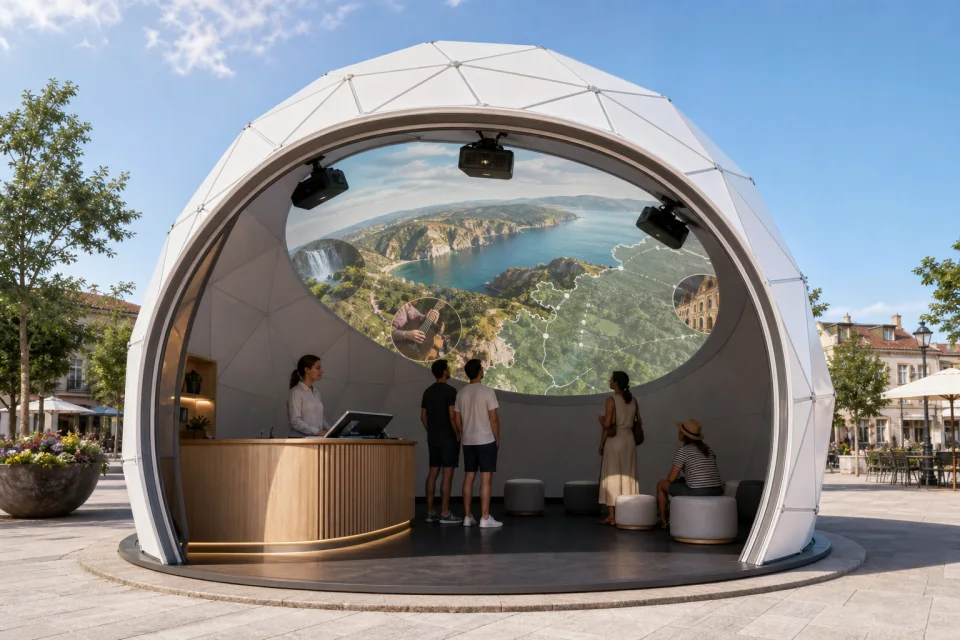 Info Dome geodetica con proiezione turistica fulldome e banco informazioni