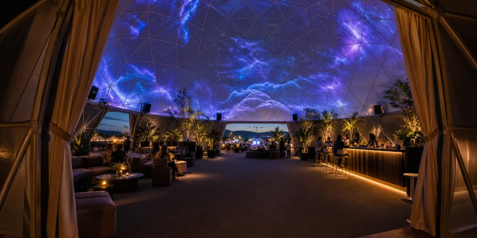VIP Dome con lounge esclusiva e proiezione fulldome durante un festival