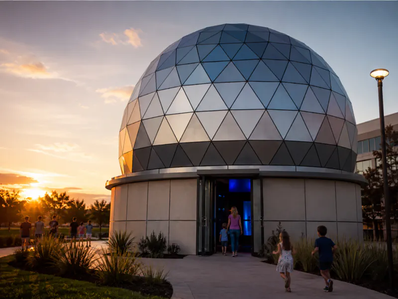Tholus Landmark, planetario permanente con cupola geodetica al tramonto