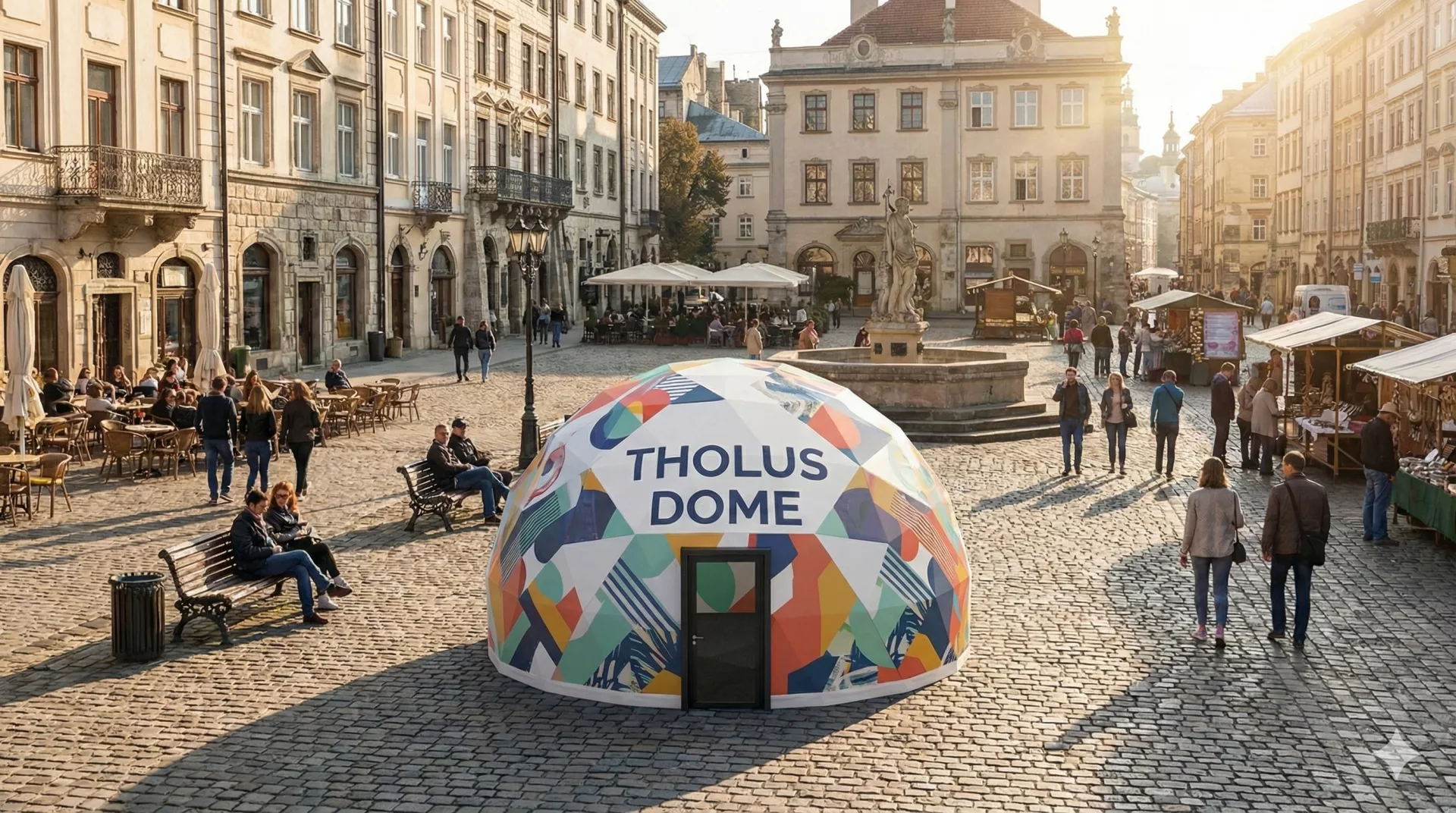 Cupola immersiva colorata installata in una piazza europea